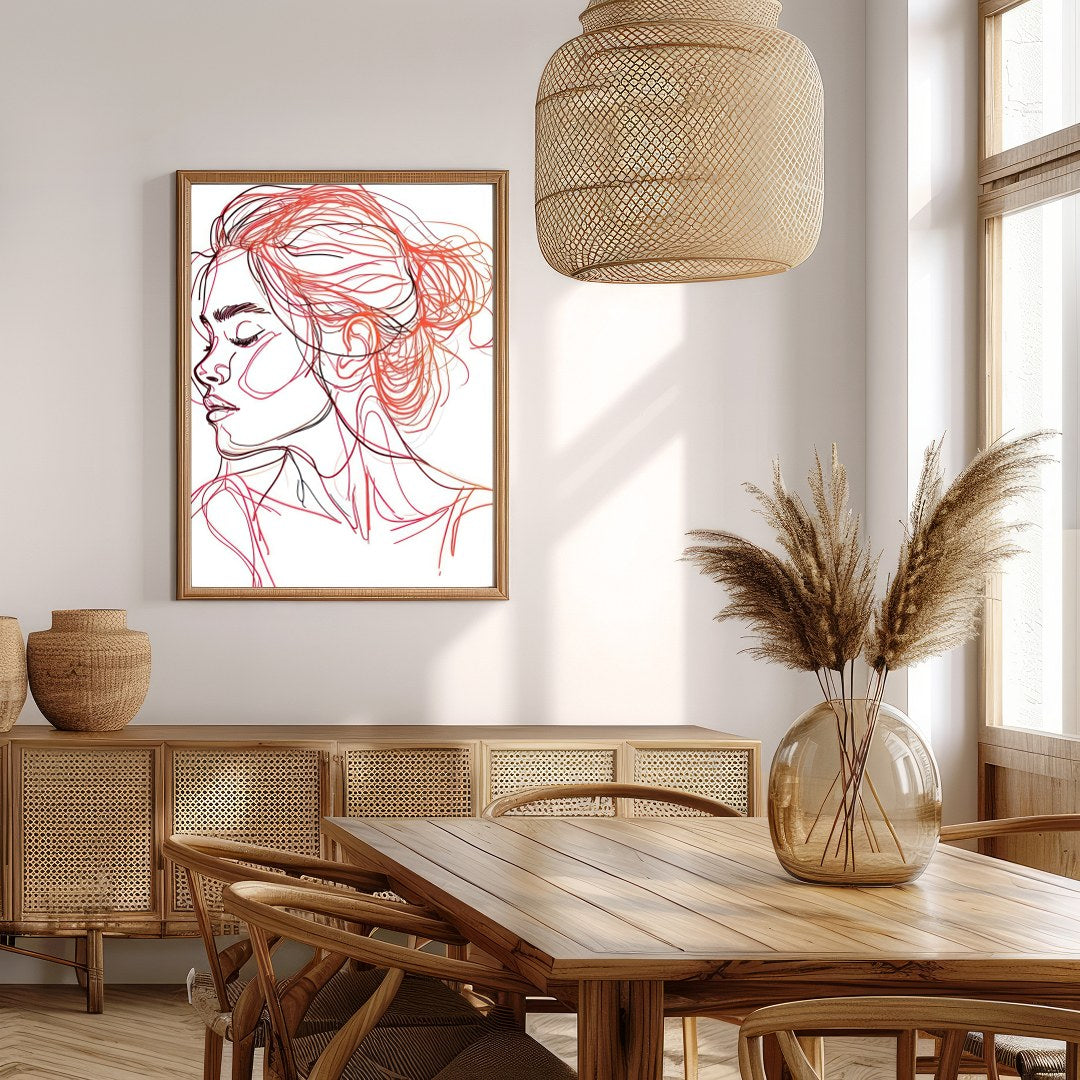 This stunning line art piece captures the serene beauty of a woman in profile, rendered in elegant for Extra Kitchen