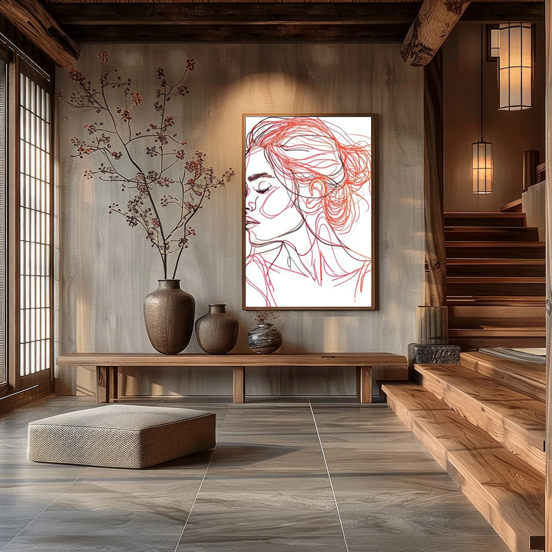 This stunning line art piece captures the serene beauty of a woman in profile, rendered in elegant for Hall