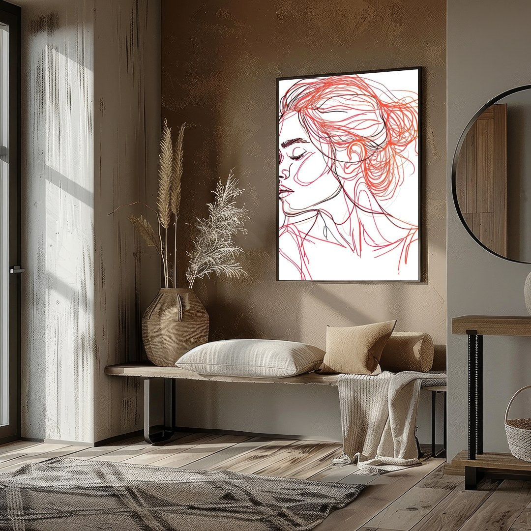 This stunning line art piece captures the serene beauty of a woman in profile, rendered in elegant for house