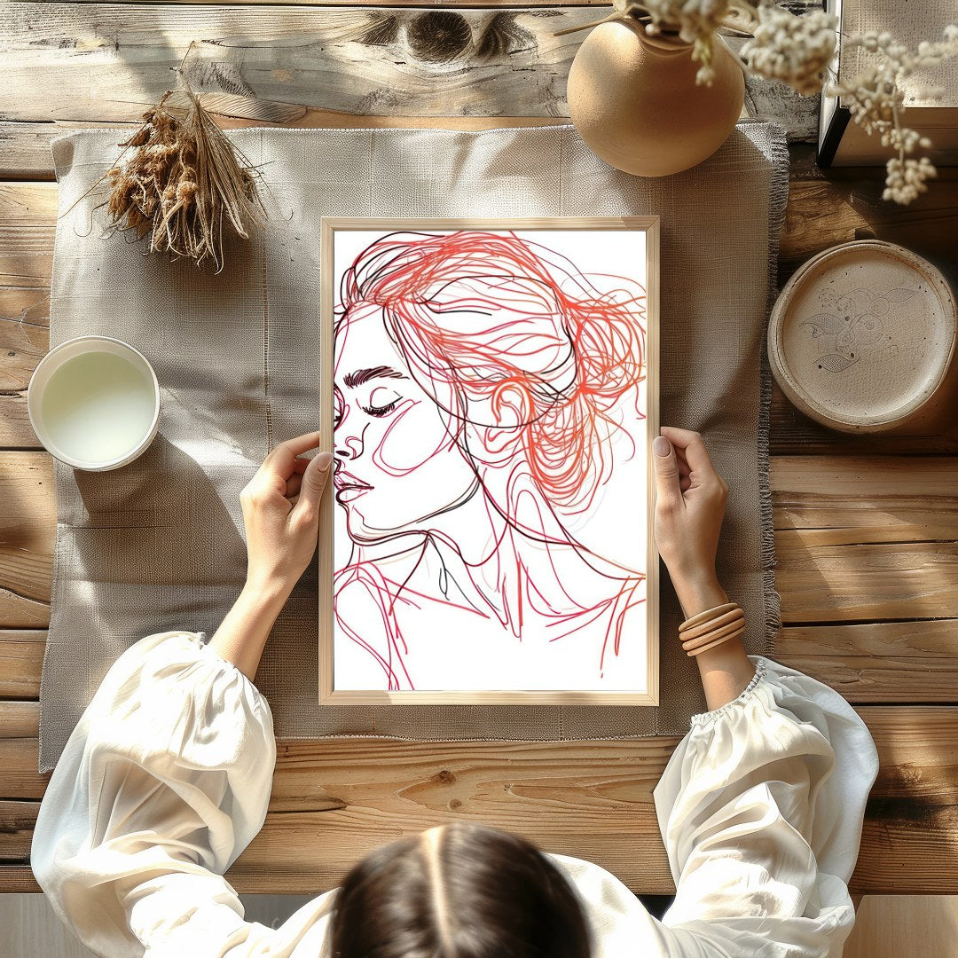 This stunning line art piece captures the serene beauty of a woman in profile, rendered in elegant for Kitchen