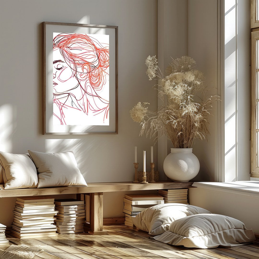 This stunning line art piece captures the serene beauty of a woman in profile, rendered in elegant for residence