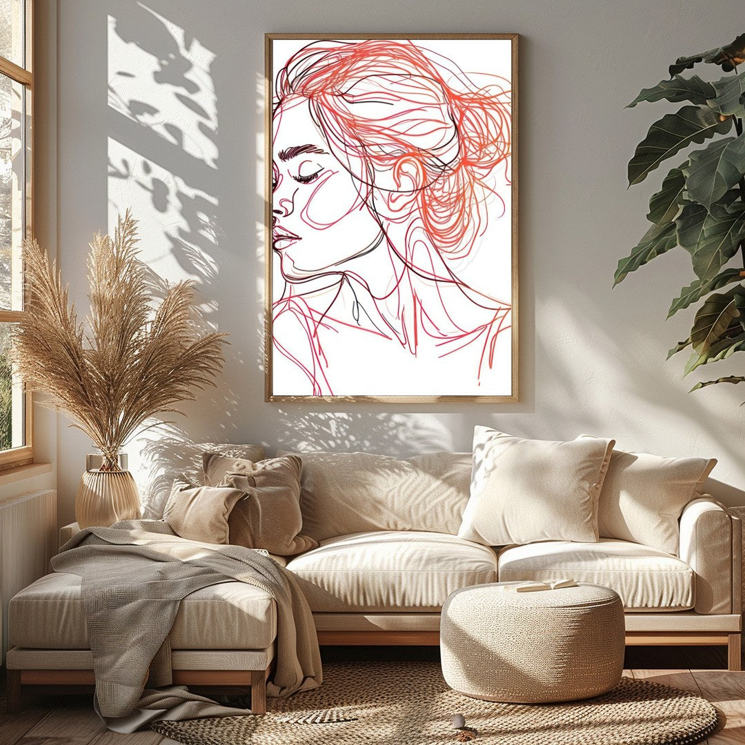 This stunning line art piece captures the serene beauty of a woman in profile, rendered in elegant for Sitting Area