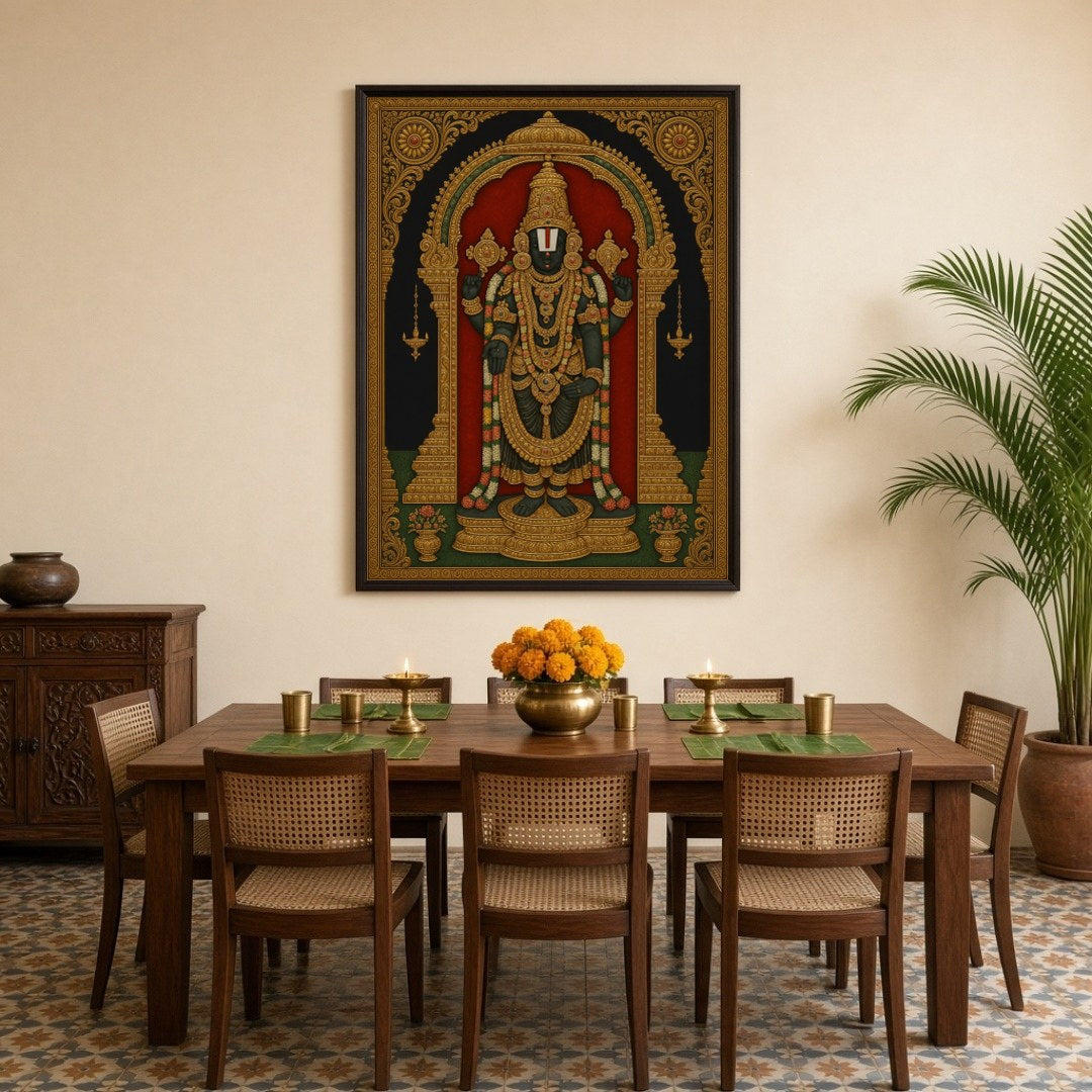 Celebrate divinity with this exquisite Tanjore art print, depicting Lord Venkateshwara in for Dining
