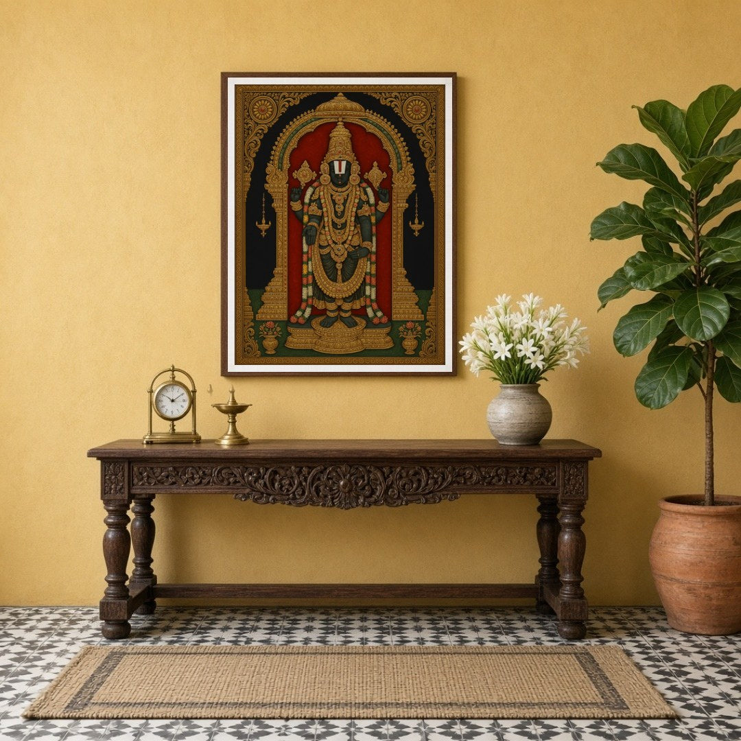 Celebrate divinity with this exquisite Tanjore art print, depicting Lord Venkateshwara in for Entrance