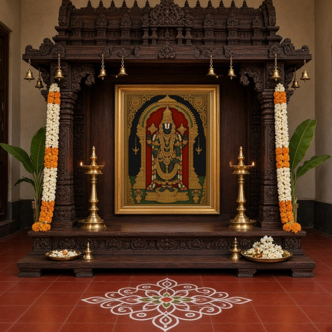 Celebrate divinity with this exquisite Tanjore art print, depicting Lord Venkateshwara in for Home Temple