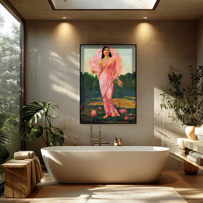 Immerse yourself in the serene beauty of 'Ethereal Lotus Maiden,' a captivating piece that captures for Bathroom