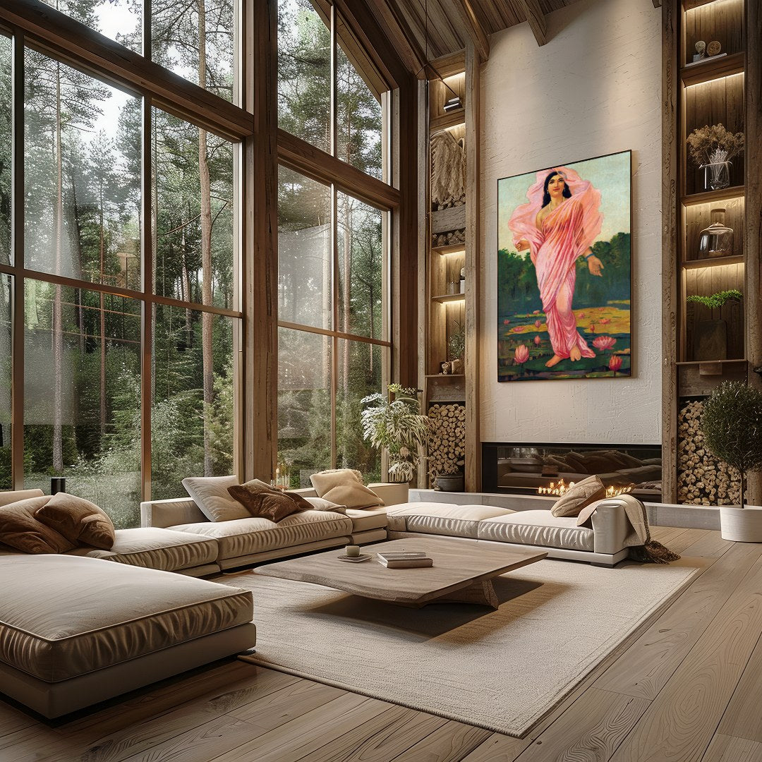 Immerse yourself in the serene beauty of 'Ethereal Lotus Maiden,' a captivating piece that captures for Living Room