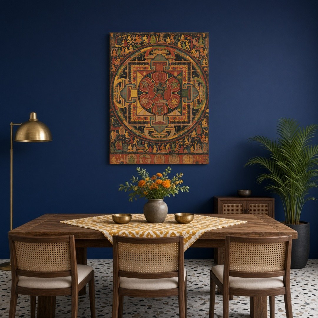 Elevate your space with the 'Ethereal Mandala Guardians,' a masterful Thangka print blending for Dining
