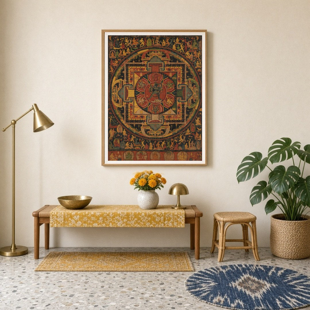 Elevate your space with the 'Ethereal Mandala Guardians,' a masterful Thangka print blending for Entrance