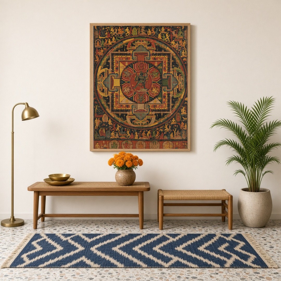 Elevate your space with the 'Ethereal Mandala Guardians,' a masterful Thangka print blending for haven