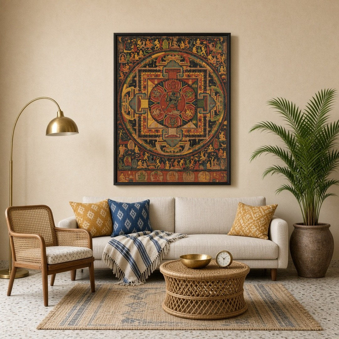 Elevate your space with the 'Ethereal Mandala Guardians,' a masterful Thangka print blending for Living Room