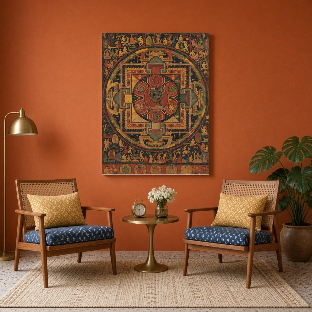 Elevate your space with the 'Ethereal Mandala Guardians,' a masterful Thangka print blending for Sitting Area