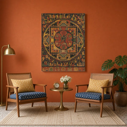 Elevate your space with the 'Ethereal Mandala Guardians,' a masterful Thangka print blending for Sitting Area
