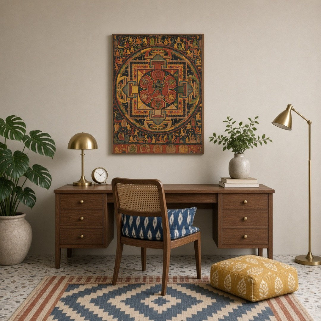 Elevate your space with the 'Ethereal Mandala Guardians,' a masterful Thangka print blending for Study