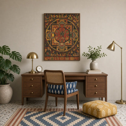 Elevate your space with the 'Ethereal Mandala Guardians,' a masterful Thangka print blending for Study