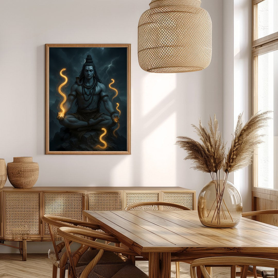 Immerse yourself in the mystic aura of this stunning depiction of Lord Shiva, captured in serene for Extra Kitchen
