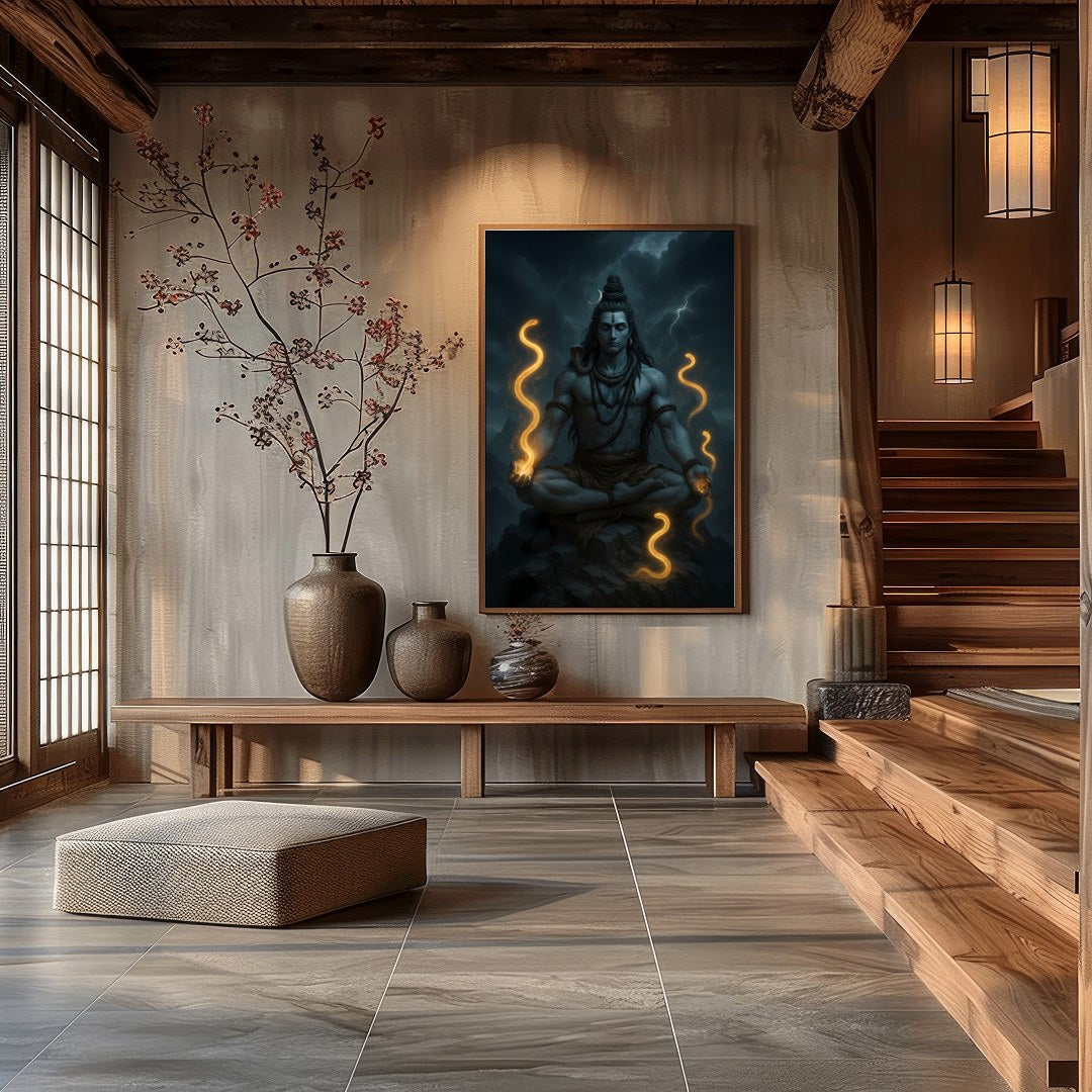 Immerse yourself in the mystic aura of this stunning depiction of Lord Shiva, captured in serene for Hall