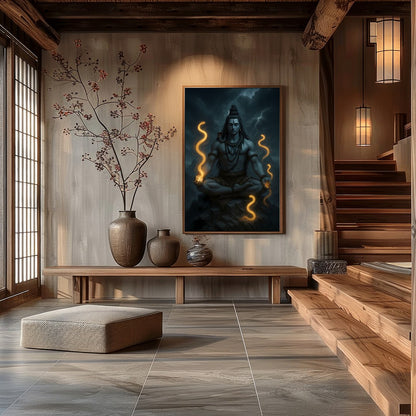 Immerse yourself in the mystic aura of this stunning depiction of Lord Shiva, captured in serene for Hall