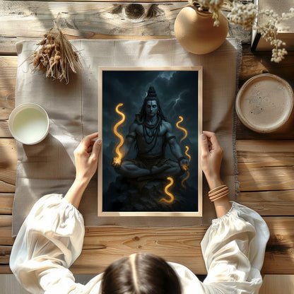 Immerse yourself in the mystic aura of this stunning depiction of Lord Shiva, captured in serene for Kitchen