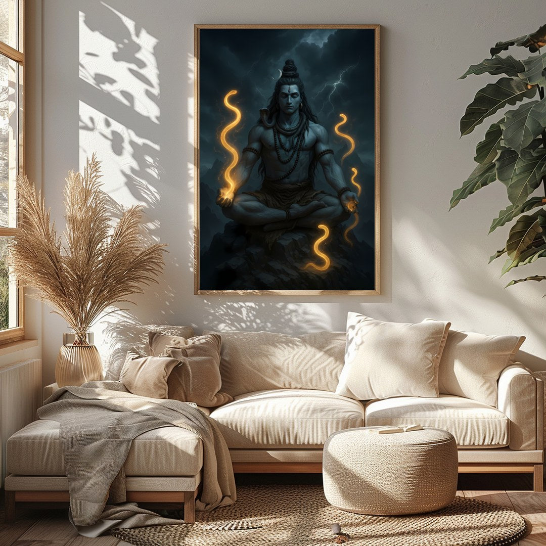 Immerse yourself in the mystic aura of this stunning depiction of Lord Shiva, captured in serene for Sitting Area