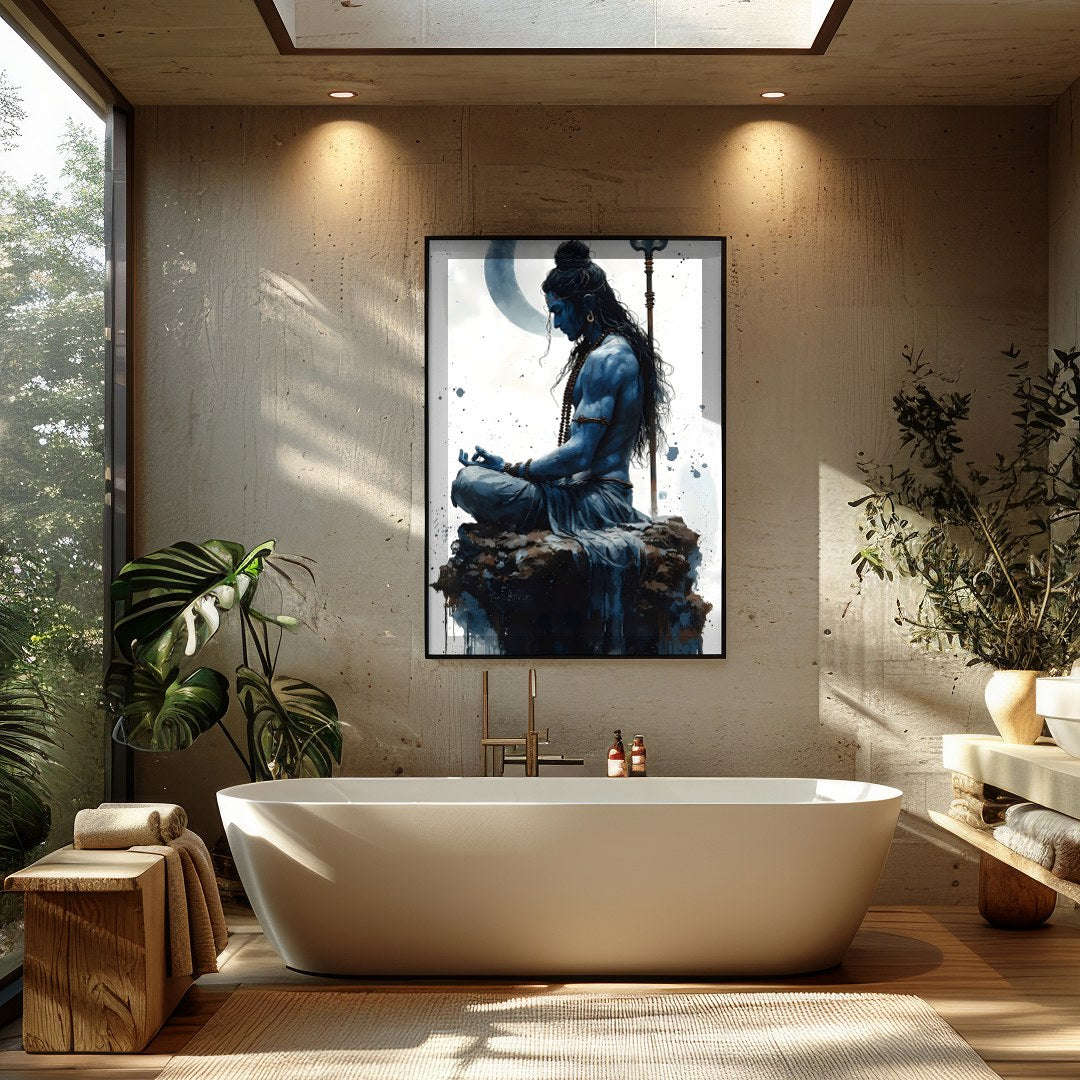 Immerse yourself in the serene energy of this captivating artwork, depicting a divine figure in for Bathroom