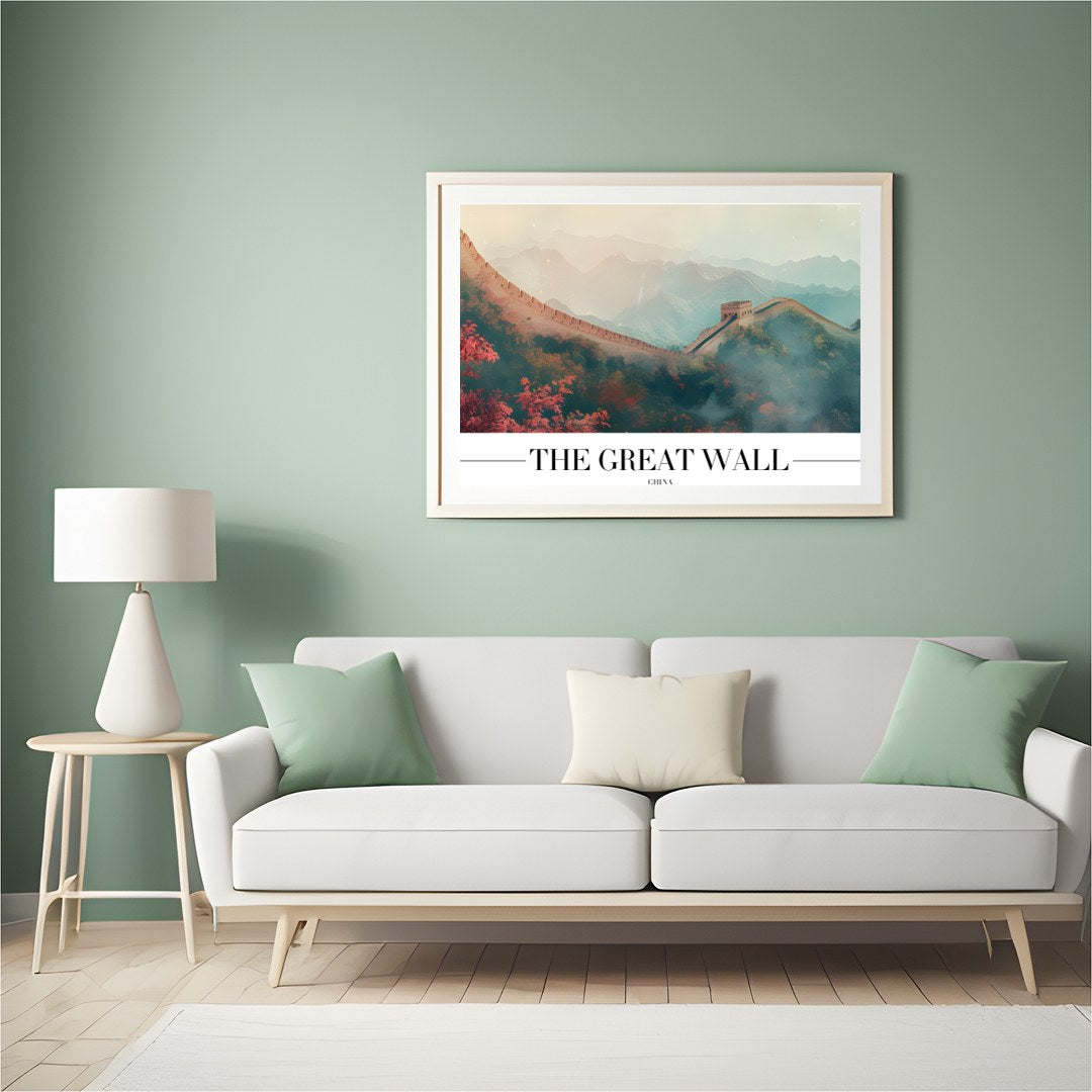This captivating piece captures the serene beauty of the Great Wall enveloped in a dreamlike mist, for Hall