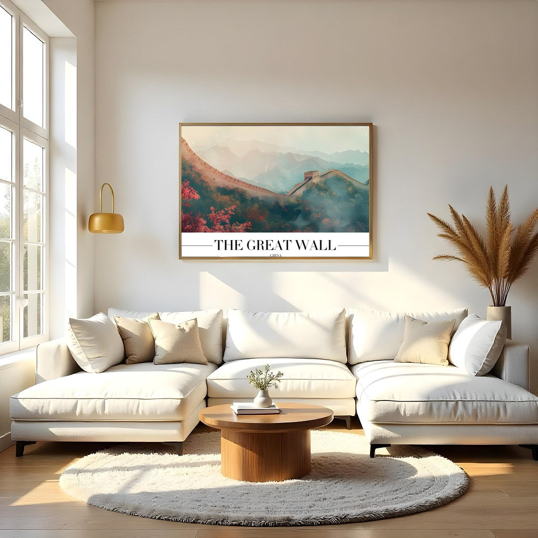 This captivating piece captures the serene beauty of the Great Wall enveloped in a dreamlike mist, for Living Room