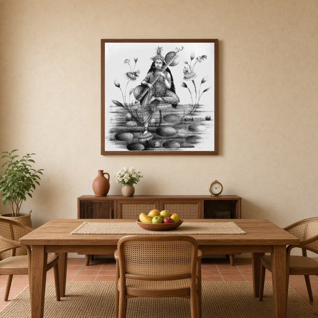 Immerse yourself in the divine serenity of Saraswati, the goddess of wisdom and arts, gracefully for Dining