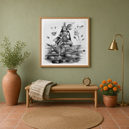 Immerse yourself in the divine serenity of Saraswati, the goddess of wisdom and arts, gracefully for Entrance