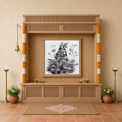 Immerse yourself in the divine serenity of Saraswati, the goddess of wisdom and arts, gracefully for Home Temple
