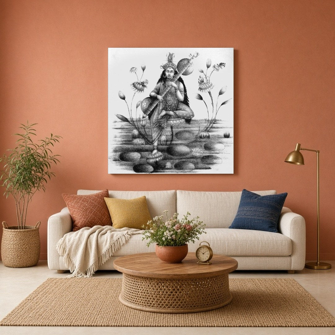 Immerse yourself in the divine serenity of Saraswati, the goddess of wisdom and arts, gracefully for Living Room