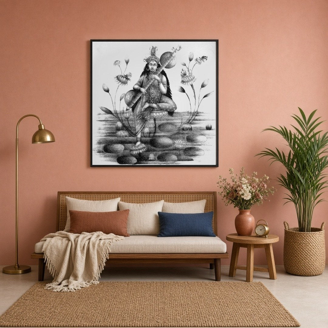 Immerse yourself in the divine serenity of Saraswati, the goddess of wisdom and arts, gracefully for Sitting Lounge