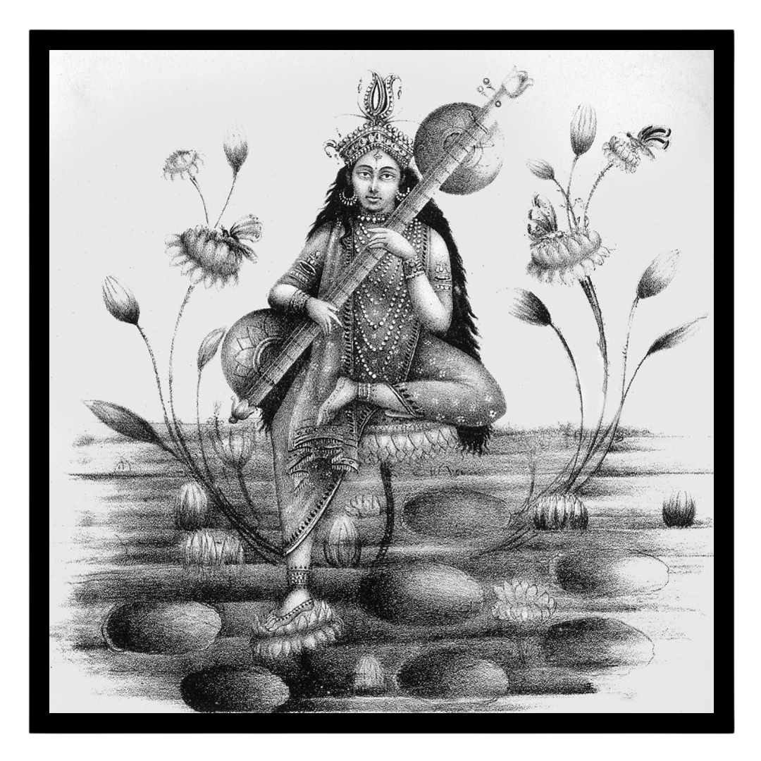 Immerse yourself in the divine serenity of Saraswati, the goddess of wisdom and arts, gracefully for sweet-home