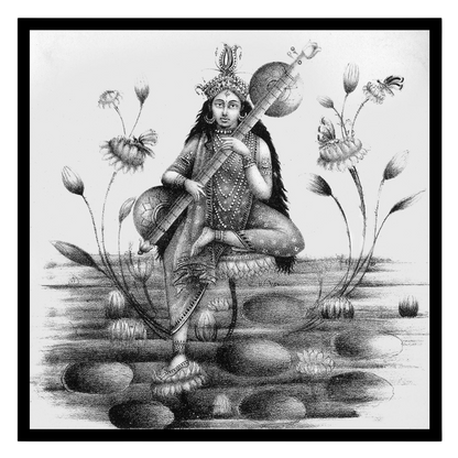 Immerse yourself in the divine serenity of Saraswati, the goddess of wisdom and arts, gracefully for sweet-home