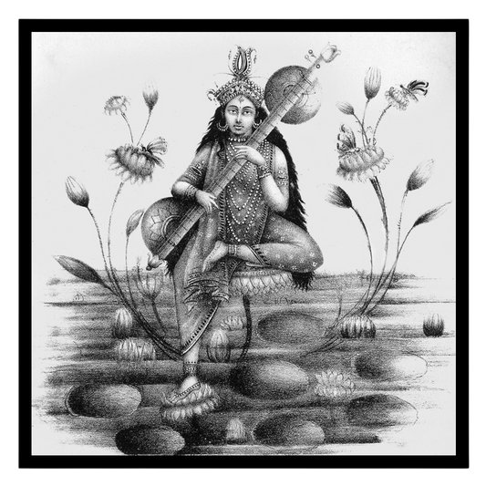 Immerse yourself in the divine serenity of Saraswati, the goddess of wisdom and arts, gracefully for sweet-home