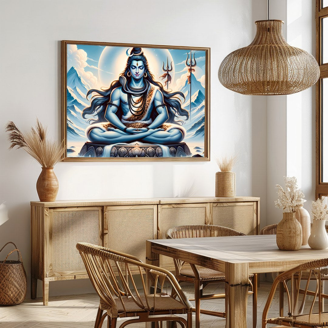Immerse yourself in tranquility with this captivating artwork depicting a meditative deity against for Dining