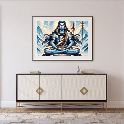 Immerse yourself in tranquility with this captivating artwork depicting a meditative deity against for Foyer