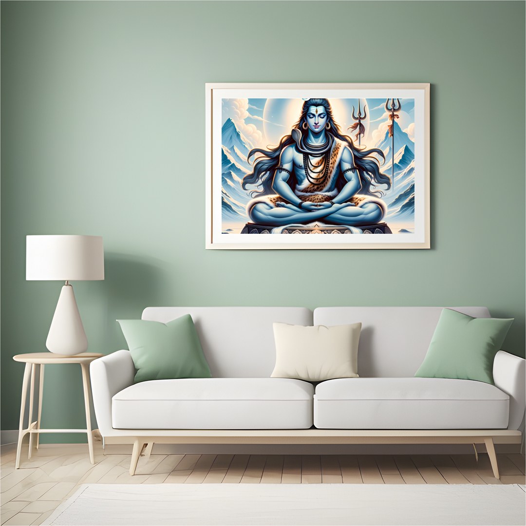 Immerse yourself in tranquility with this captivating artwork depicting a meditative deity against for Hall