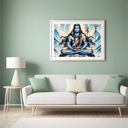 Immerse yourself in tranquility with this captivating artwork depicting a meditative deity against for Hall