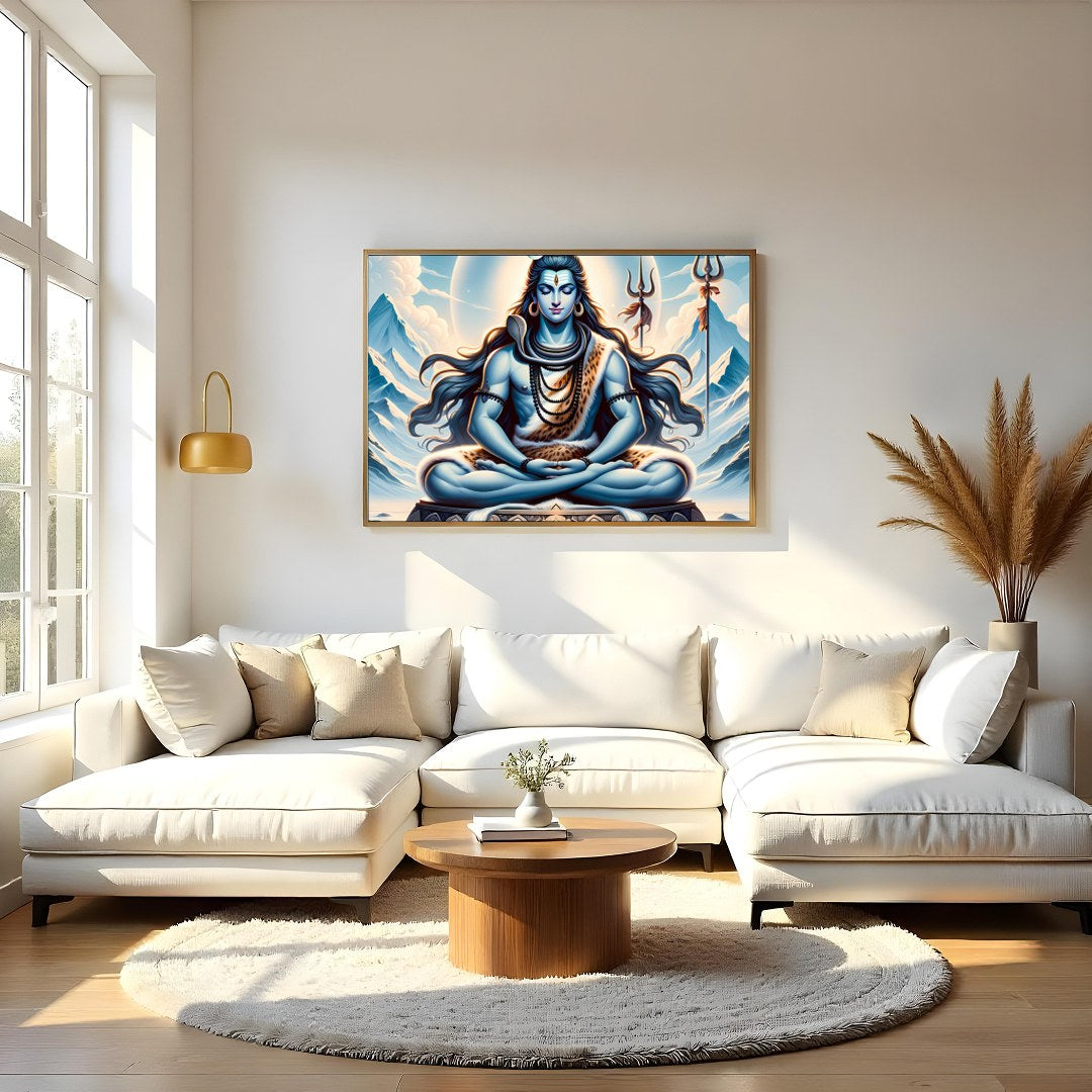 Immerse yourself in tranquility with this captivating artwork depicting a meditative deity against for Living Room