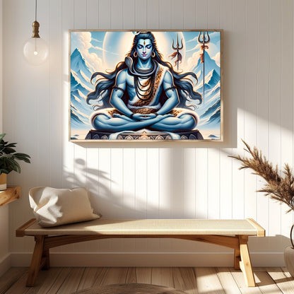 Immerse yourself in tranquility with this captivating artwork depicting a meditative deity against for Hallway