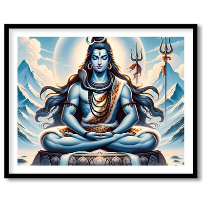 Immerse yourself in tranquility with this captivating artwork depicting a meditative deity against for studio