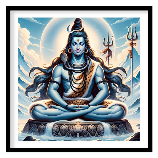 Immerse yourself in tranquility with this captivating artwork depicting a meditative deity against for studio