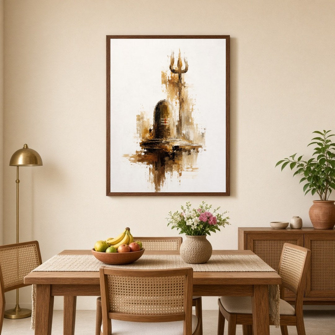 Experience the tranquil energy of a Shivling and Trishul captured in a harmonious palette of ochre, for Dining