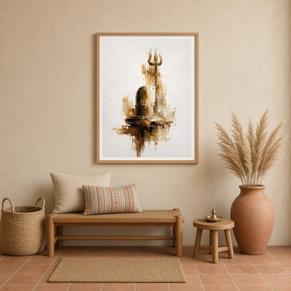 Experience the tranquil energy of a Shivling and Trishul captured in a harmonious palette of ochre, for Entrance