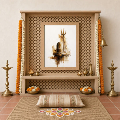 Experience the tranquil energy of a Shivling and Trishul captured in a harmonious palette of ochre, for Home Temple