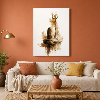 Experience the tranquil energy of a Shivling and Trishul captured in a harmonious palette of ochre, for Living Room