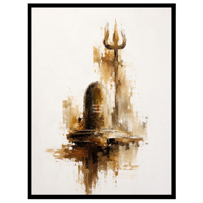 Experience the tranquil energy of a Shivling and Trishul captured in a harmonious palette of ochre, for retreat