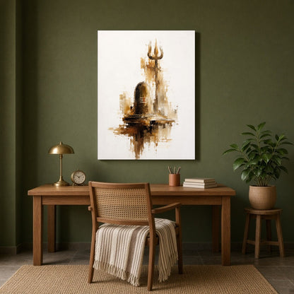 Experience the tranquil energy of a Shivling and Trishul captured in a harmonious palette of ochre, for Study