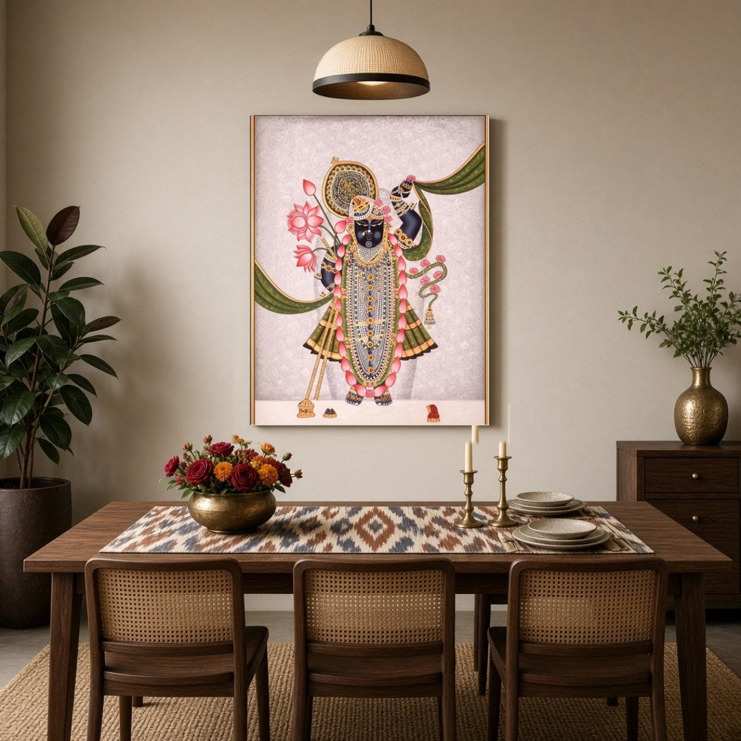 Immerse yourself in the divine elegance of Shrinathji, depicted with a resplendent lotus garland for Dining